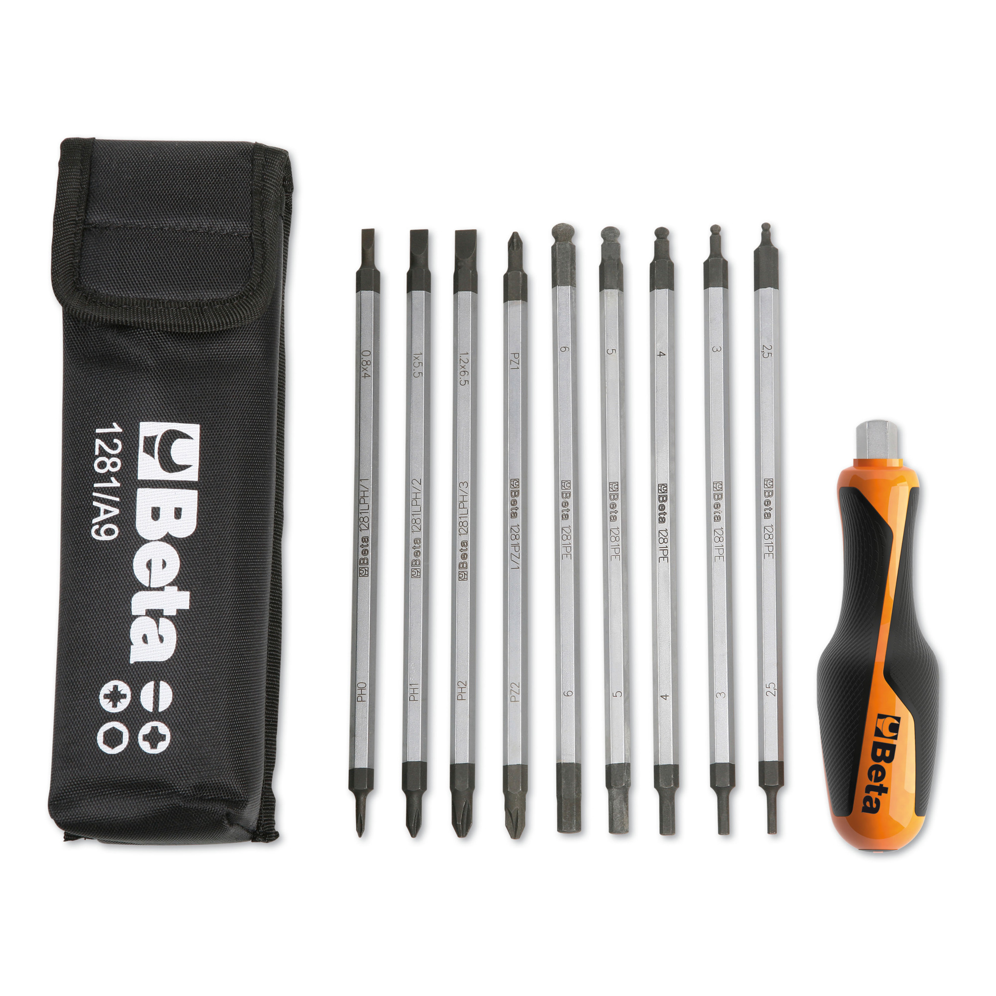 Beta Reversible Screwdriver Bit Set with Handle and Case — 9 Pcs, Ergonomic Grip, Model# 1281BG/A9